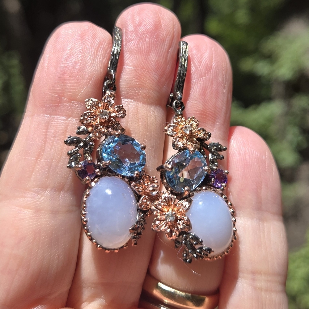 Chalcedony Topaz Amethyst Aquamarine Sterling Rhodium & Rosegold Floral Earrings - Picture 6 of 10